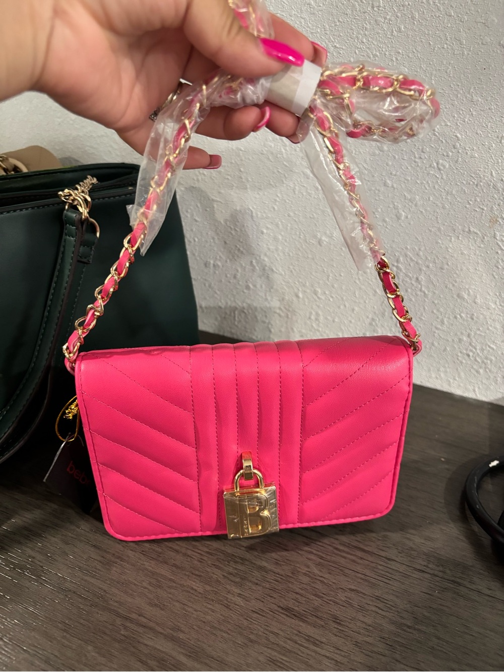 bebe Hot Pink Quilted Chain Shoulder Bag with Gold Lock